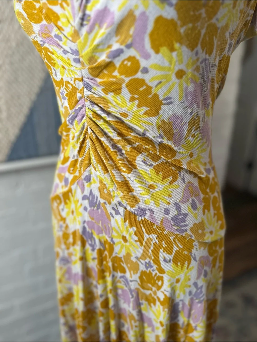 Free People Yellow and Purple Floral Ribbed Drop Waist Dress